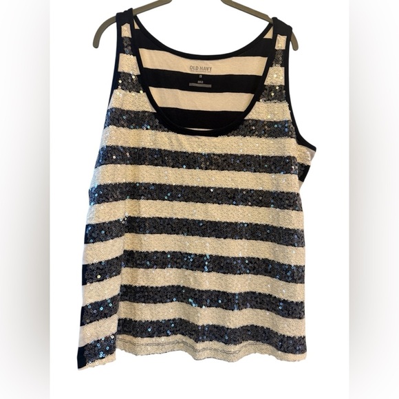 Old Navy 2X sequin tank top navy blue and white nautical  patriotic 4th of July - Picture 1 of 7
